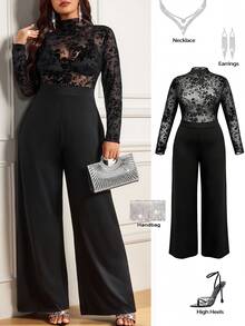 Femmeverse Women's Plus Size Elegant Party Flocked Lace Patchwork Fitted Top & Wide Leg Long Jumpsuit Fall - Black - View 1