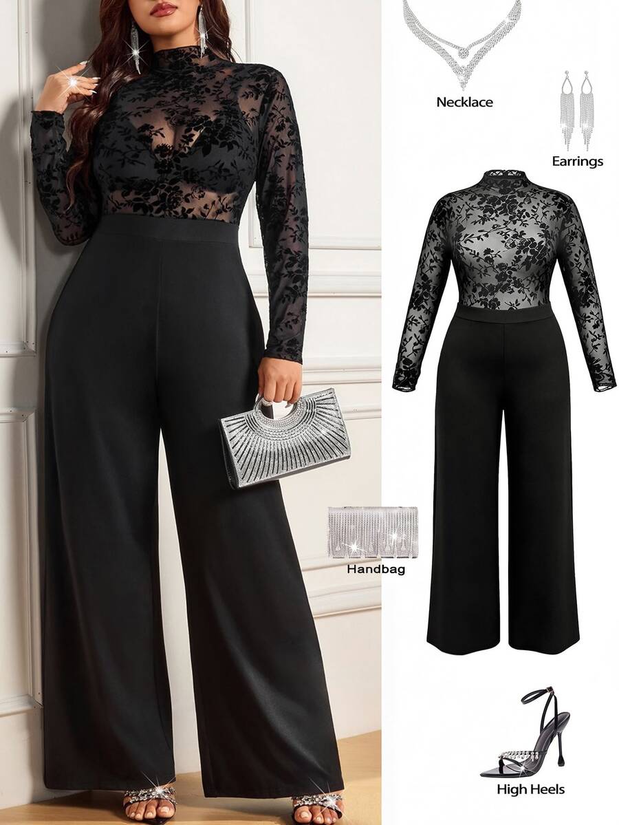 Femmeverse Women's Plus Size Elegant Party Flocked Lace Patchwork Fitted Top & Wide Leg Long Jumpsuit Fall - Black - View 1