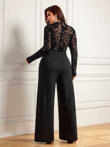 Femmeverse Women's Plus Size Elegant Party Flocked Lace Patchwork Fitted Top & Wide Leg Long Jumpsuit Fall - Black - View 2