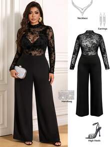 Femmeverse Women's Plus Size Elegant Party Flocked Lace Patchwork Fitted Top & Wide Leg Long Jumpsuit Fall - Black - View 3