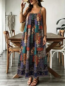 SHEIN VCAY Plus Size Floral Print Spaghetti Strap Backless Loose Comfortable Vacation Dress, Beach Dress, Slip Dress, Bohemian Style Holiday Outfit - Multicolor - View 5