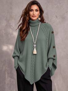 Linhara CURVE Women's Solid Color Knitted Button High Neck Batwing Long Sleeve Cape Style Fitted Elegant Sweater, Autumn/Winter - Olive Green - View 1