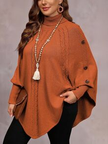 Linhara CURVE Women's Solid Color Knit Button High Neck Batwing Long Sleeve Cape Style Fitted Elegant Autumn/Winter Sweater - Orange - View 3