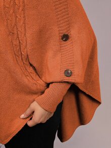 Linhara CURVE Women's Solid Color Knit Button High Neck Batwing Long Sleeve Cape Style Fitted Elegant Autumn/Winter Sweater - Orange - View 6