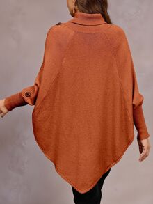 Linhara CURVE Women's Solid Color Knit Button High Neck Batwing Long Sleeve Cape Style Fitted Elegant Autumn/Winter Sweater - Orange - View 2