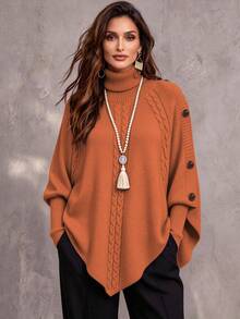 Linhara CURVE Women's Solid Color Knit Button High Neck Batwing Long Sleeve Cape Style Fitted Elegant Autumn/Winter Sweater - Orange - View 1