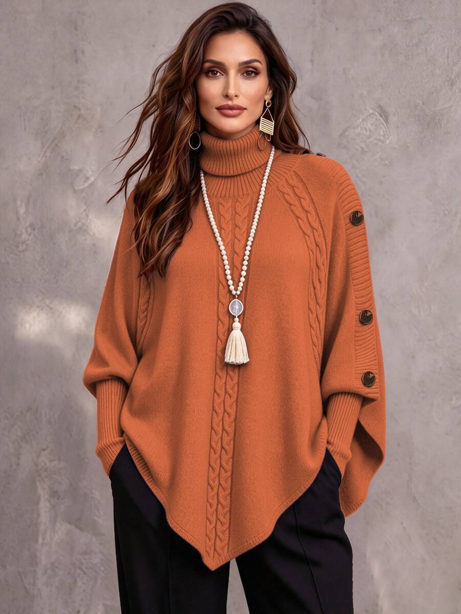 Linhara CURVE Women's Solid Color Knit Button High Neck Batwing Long Sleeve Cape Style Fitted Elegant Autumn/Winter Sweater - Orange - View 1
