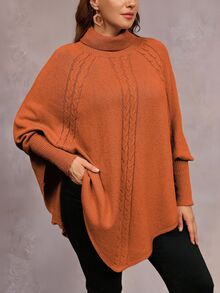Linhara CURVE Women's Solid Color Knit Button High Neck Batwing Long Sleeve Cape Style Fitted Elegant Autumn/Winter Sweater - Orange - View 5