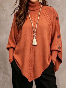 Linhara CURVE Women's Solid Color Knit Button High Neck Batwing Long Sleeve Cape Style Fitted Elegant Autumn/Winter Sweater - Orange - View 9