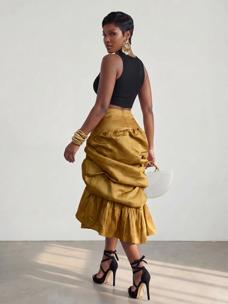BamGlimmer Women's Daily Commute Casual Elegant Vacation Multi-Layer 3D Ruched Ruffle Skirt Party Mustard Autumn - Yellow - View 2