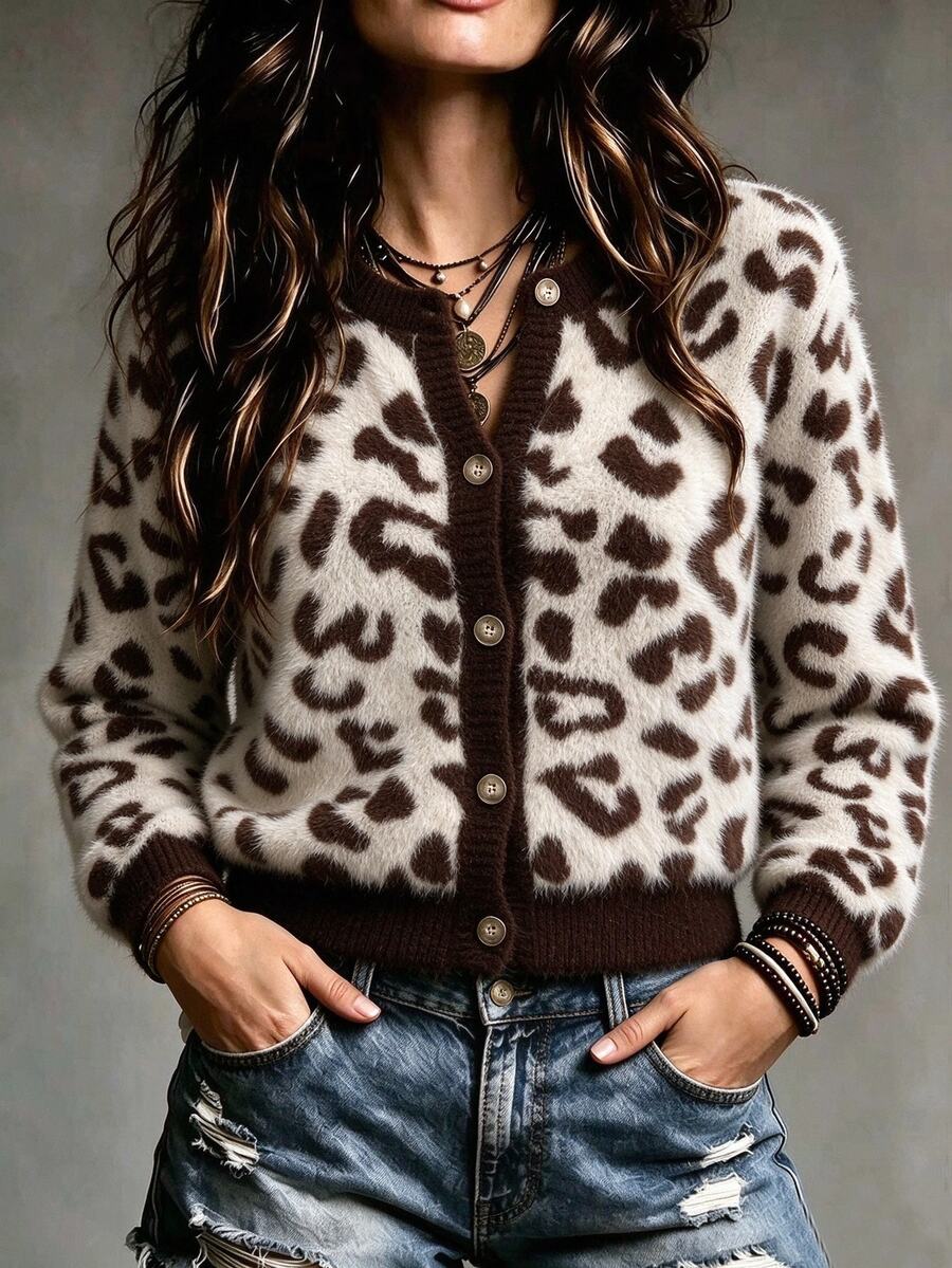 SHEIN Women's Leopard Print Single-Breasted Casual Daily Long Sleeve Cardigan
