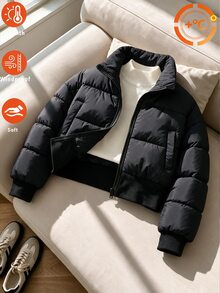 SHEIN 女童大童黑色純色休閒厚填充拉鍊夾克，立領短款填充外套 - 黑色 - 查看 9