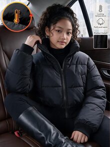 SHEIN 女童大童黑色純色休閒厚填充拉鍊夾克，立領短款填充外套 - 黑色 - 查看 7