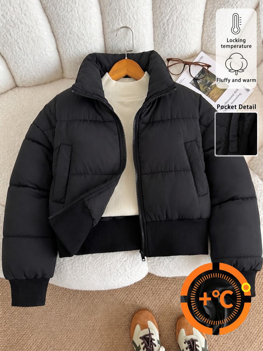 SHEIN Girls' Big Tween Girl Black Solid Color Casual Thick Padded Zipper Jacket, Stand Collar Short Padded Coat - Black - View 1