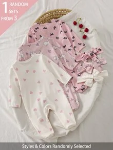 3套隨機發送1套，2件裝新生女嬰居家服，可愛愛心蝴蝶結兔子印花，荷葉邊長袖連身包屁衣附髮帶 - 彩色 - 查看 3