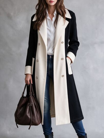 Yalmera Women's Color Block Midi Wool Blend Coat, Lapel Collar, Double Breasted Metal Buttons, SelfTie Belt Waist, Long Sleeve, Elegant Fall Winter Outerwear