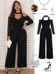 SHEIN LUNE CURVE Plus Size Women's Fashion Elegant Versatile Lace Patchwork Cowl Neck V-Neck Ruched Straight Leg Jumpsuit Fall - Black - View 1