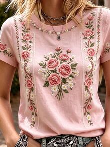 EMERY ROSE 女款大尺碼花卉玫瑰刺繡短袖T恤，圓領復古植物圖案寬鬆版型，適合曲線身材女性的休閒基礎上衣 - 彩色 - 查看 3