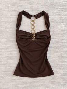 IslaSuriya Women's Solid Color Patchwork Sequin Ring Link Fashion Cowl Neck Tank Top - Brown - View 2