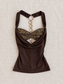 IslaSuriya Women's Solid Color Patchwork Sequin Ring Link Fashion Cowl Neck Tank Top - Brown - View 1