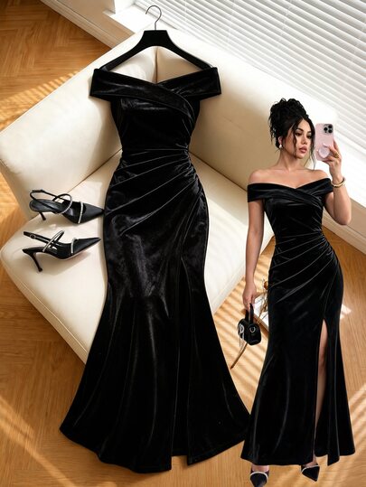 GlowEve New Black Velvet Off-Shoulder Dress, High Waist Twisted Ruched Waist, Single Side Slit, Fitted Mermaid Tail Evening Gown, Vintage Luxury Evening Style, Elegant Mature Woman Style, Sexy Elegant Light Formal Style, Atmospheric Exquisite Date Style, Formal Evening/Party, Couple Date, Wedding Bridesmaid/Toast Outfit, Stage Hosting, Art Photography