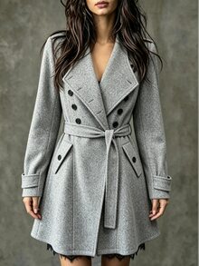 SHEIN Women's Solid Color Single-Breasted Long Sleeve Pocket Elegant Overcoat - Light Grey - View 1