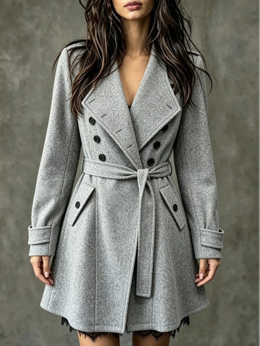 SHEIN Women's Solid Color Single-Breasted Long Sleeve Pocket Elegant Overcoat - Light Grey - View 1