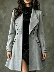 SHEIN Women's Solid Color Single-Breasted Long Sleeve Pocket Elegant Overcoat - Light Grey - View 3