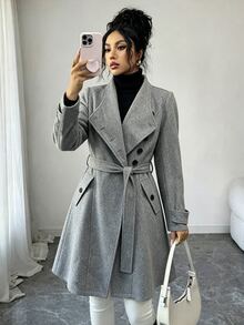 SHEIN Women's Solid Color Single-Breasted Long Sleeve Pocket Elegant Overcoat - Light Grey - View 4