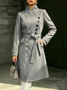 SHEIN Women's Solid Color Single-Breasted Long Sleeve Pocket Elegant Overcoat - Light Grey - View 7