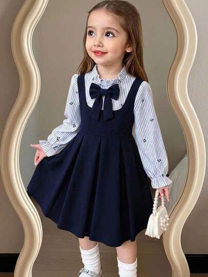 Elladie kids Young Girls Cute Academy 2 Pieces Dress Set, Ruffle Trim Striped Long Sleeve Top & Navy Big Bow Decor Pleated Suspender Dress, Sweet Daily School Wear