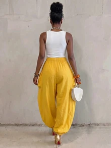 BamGlimmer Women's Solid Color Elastic Waist Fashion Casual Loose Versatile Long Pants Vacation Soft Mustard Yellow Autumn Vacation - Yellow - View 3