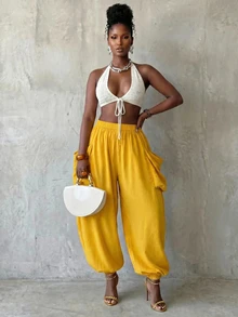 BamGlimmer Women's Solid Color Elastic Waist Fashion Casual Loose Versatile Long Pants Vacation Soft Mustard Yellow Autumn Vacation - Yellow - View 7