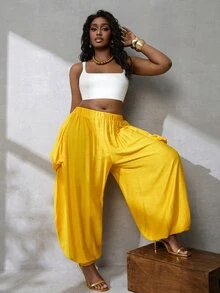 BamGlimmer Women's Solid Color Elastic Waist Fashion Casual Loose Versatile Long Pants Vacation Soft Mustard Yellow Autumn Vacation - Yellow - View 8