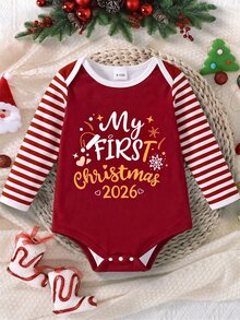 Baby Boys My First Christmas 2026 Letter Print Striped Long Sleeve Bodysuit - Multicolor - View 3