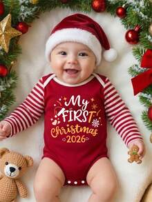 Baby Boys My First Christmas 2026 Letter Print Striped Long Sleeve Bodysuit - Multicolor - View 1