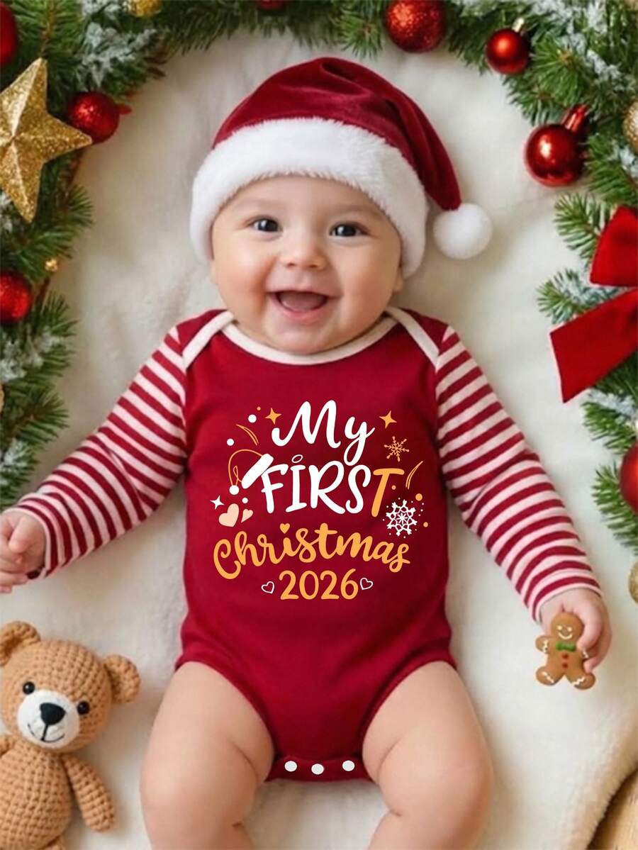 Baby Boys My First Christmas 2026 Letter Print Striped Long Sleeve Bodysuit - Multicolor - View 1