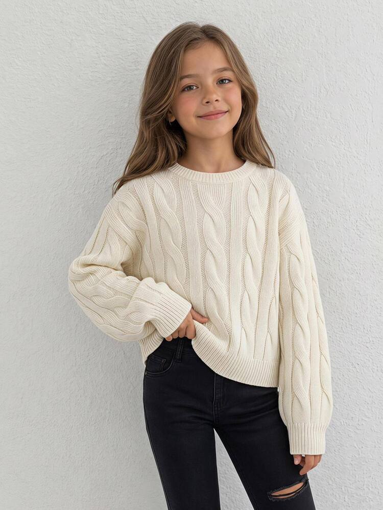 SHEIN Tween Girl Tween Girls Tween Girl Thermal Lined Thick Simple Versatile Solid Color Autumn Sweater - White - View 8
