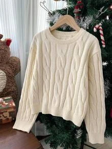 SHEIN 女童青少年女孩加厚保暖內裡簡約百搭純色秋季毛衣 - 白色 - 查看 11