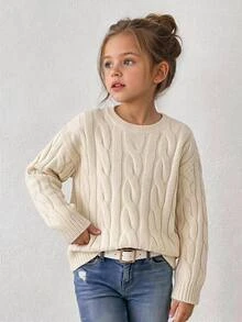 SHEIN 女童青少年女孩加厚保暖內裡簡約百搭純色秋季毛衣 - 白色 - 查看 9