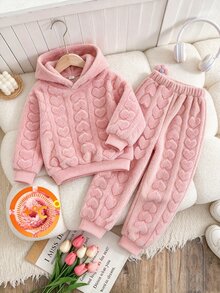Elladie kids Girls' Autumn-Winter Fleece-Lined Hooded Sweatshirt And Long Pants Set, New Autumn-Winter Style, Pink Heart-Shaped Fleece Thickened Two-Piece Set. - Pink - View 6