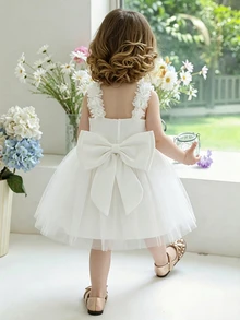 Glamorique Kids 女童花朵肩帶露背網紗公主裙，花童生日派對禮服，嬰兒女寶蕾絲洋裝，適合秋冬聖誕節 - 白色 - 查看 8