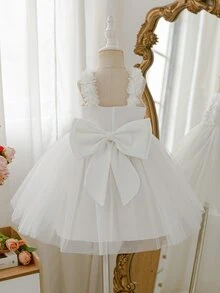 Glamorique Kids 女童花朵肩帶露背網紗公主裙，花童生日派對禮服，嬰兒女寶蕾絲洋裝，適合秋冬聖誕節 - 白色 - 查看 9