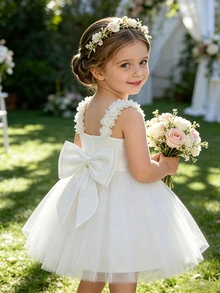 Glamorique Kids 女童花朵肩帶露背網紗公主裙，花童生日派對禮服，嬰兒女寶蕾絲洋裝，適合秋冬聖誕節 - 白色 - 查看 2