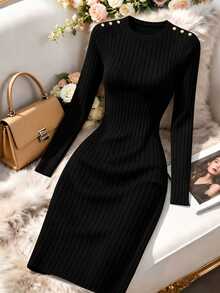 Women's Round Neck Shoulder Decor Fitted Mid-Length Dress - Black - View 1