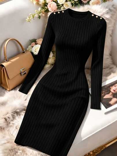 Vestido de mujer de cuello redondo con decoración en los hombros, ajustado y de largo medio