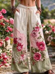 Bytebia Bytebia 女款度假休閒拼色拼接花卉印花長褲 - 彩色 - 查看 3