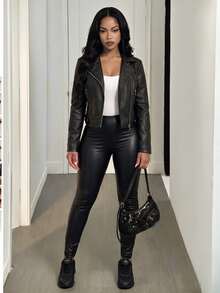 BamGleam Zip Up PU Leather Moto Jacket Fall Winter Cloth For Women - Black - View 2