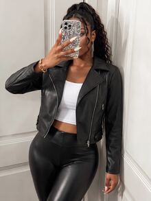 BamGleam Zip Up PU Leather Moto Jacket Fall Winter Cloth For Women - Black - View 4
