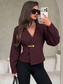 Aloruh 女款純色V領休閒優雅百搭日常長袖外套，秋季新款女式酒紅色晚餐辦公約會穿搭 - 咖啡棕 - 查看 3